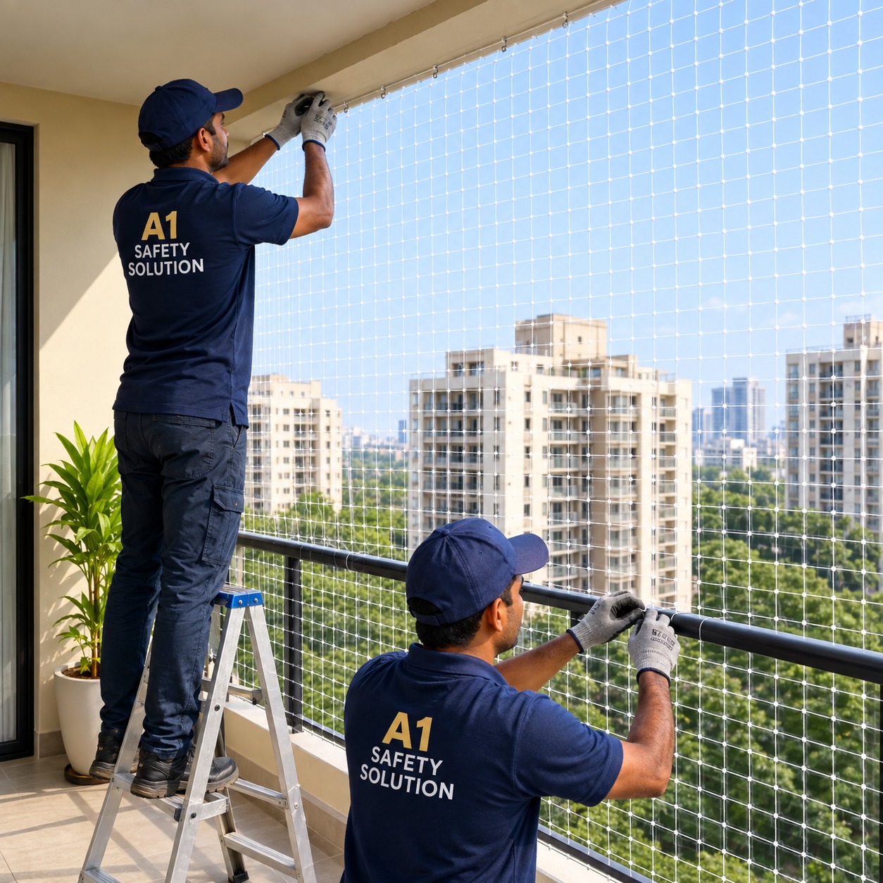 Two A1 Safety Solutions technicians installing balcony bird safety netting