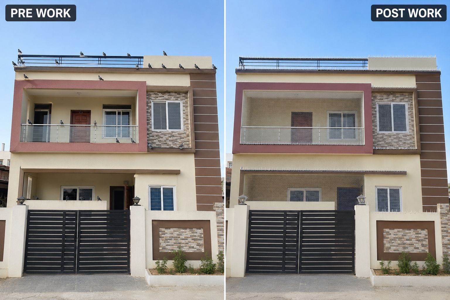Before and after bird net installation on a two-storey house