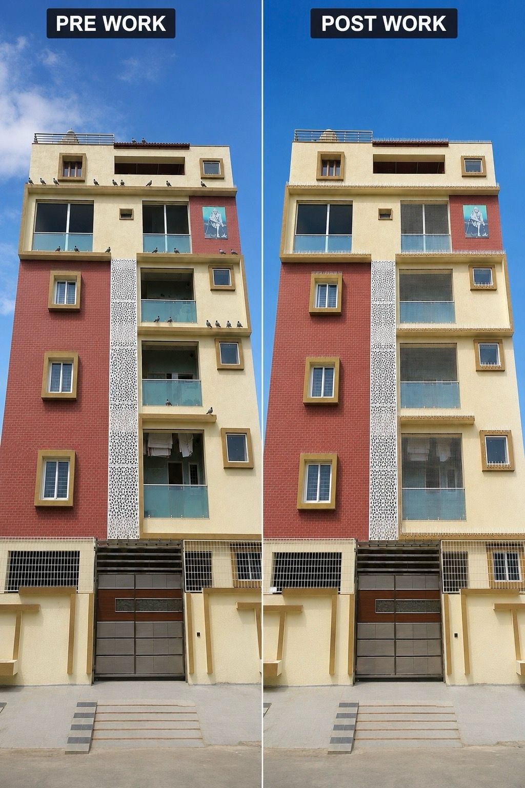 Before and after bird protection on a multi-storey building