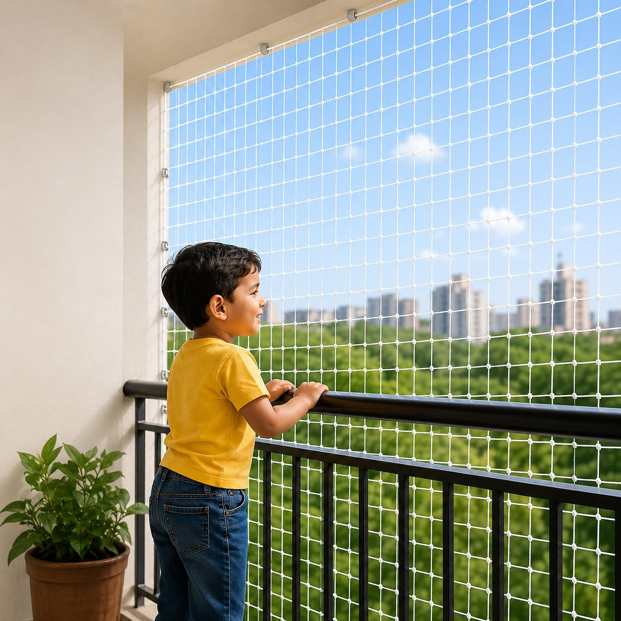 Child using balcony safety net