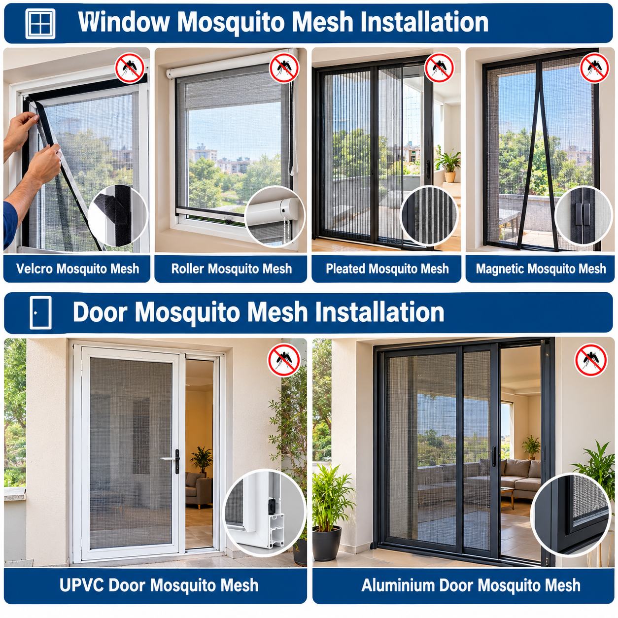 A1 Safety Solutions mosquito mesh service range — Velcro, Roller, Pleated, Magnetic, UPVC Door and Aluminium Door